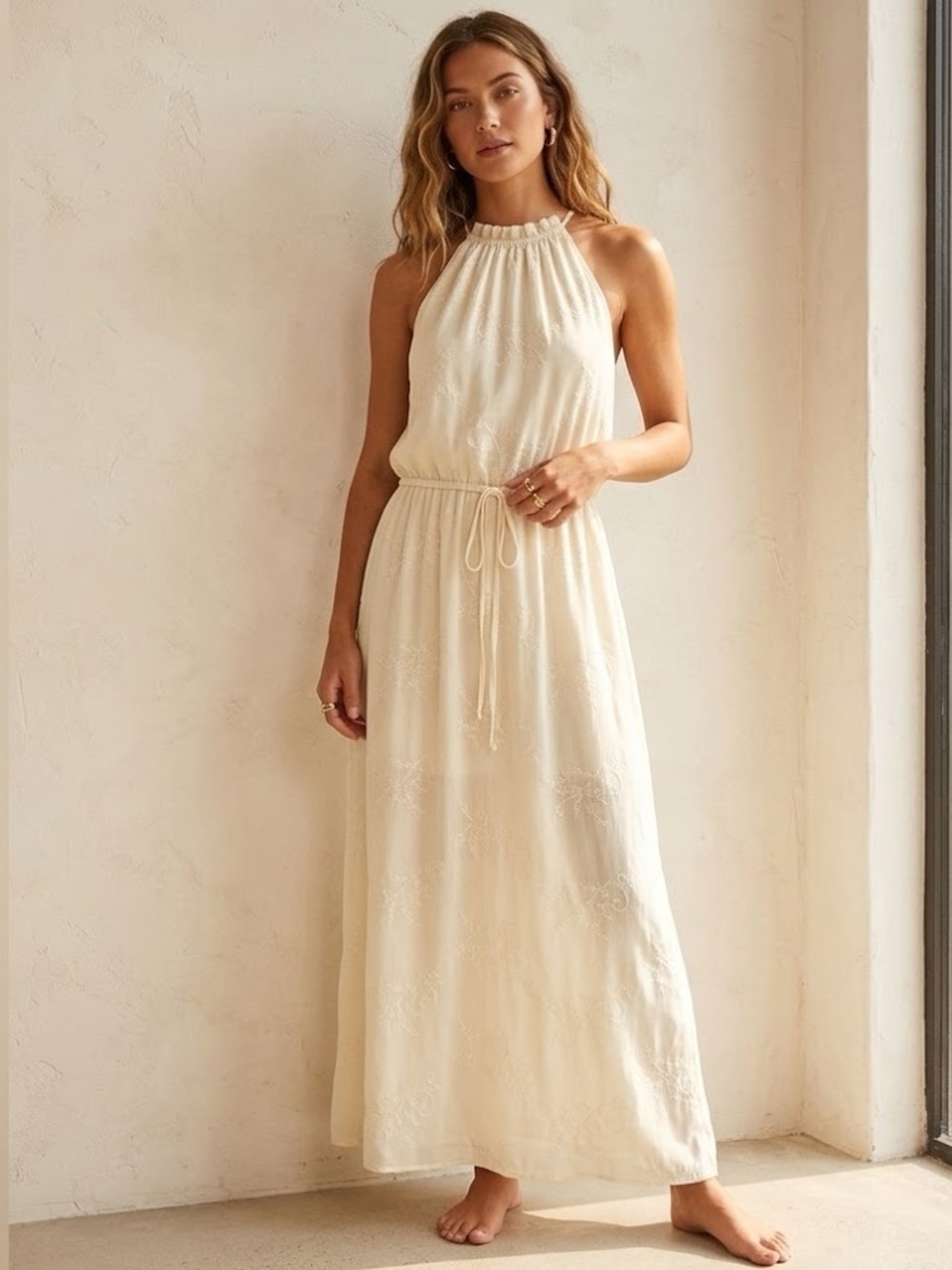 Cream Embroidered Halter Maxi Dress with side slits - Picture 1 of 7
